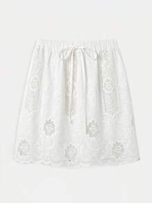 lacRébo Floral Embroidered White Loose Fit Mini Skirt Bohemian Style Summer Vacation Casual Skirt - White - View 6