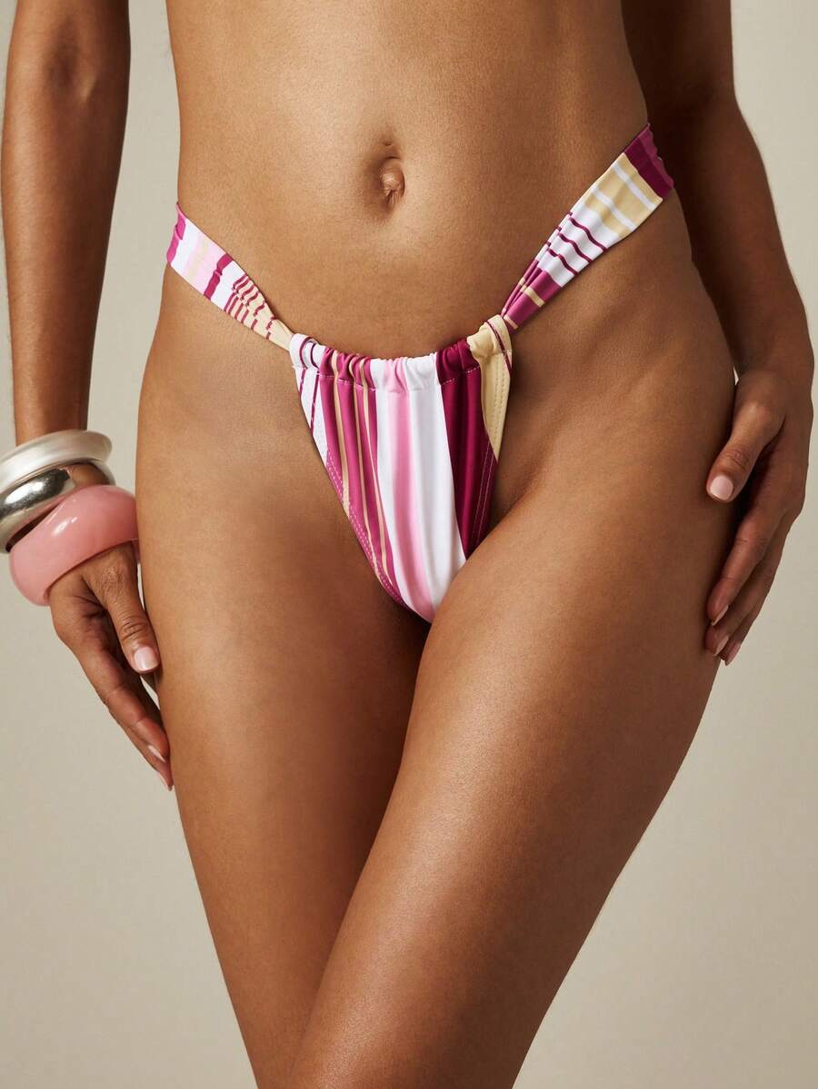 MISSGUIDED Braga de bikini a rayas con corte de tanga, cintura fruncida de tiro bajo, traje de baño de verano para playa y piscina - Rosa - Ver 1