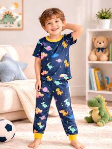1 Set Boys Dinosaur And Planet Print Fitted Crew Neck Short Sleeve Pajama Set, Including Top And Pants, Spring/Autumn Style - Navy Blue - View 3