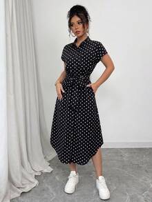 SHEIN Raffinéa 女款休閒度假旅行豹紋前扣鈕扣腰帶蝴蝶結口袋側開衩 2025 夏季新款短袖長洋裝 - 黑色 - 查看 6