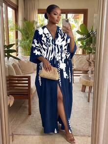 SHEIN Lady CURVE Navy Blue Plus Size Women's Vacation Floral Print Split Hem Dress Vacation Autumn Cocktail Vacation Vacation Fall - Navy Blue - View 1