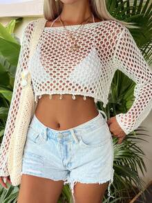 Livesso Women's Solid Color Hollow Knit Cropped Cover Up Vacation Summer Beach Pool Party White Tropical Boho - Beige - View 6