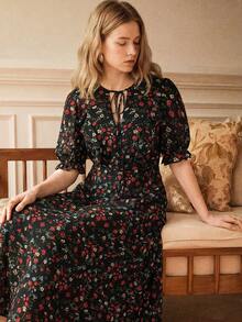 Écloséra Summer New French Vintage Black Floral V-Neck Puff Sleeve Long Dress, French Vintage Waist-Defining Slimming Tea Length Dress, Suitable For Beach Vacation And Commute Elegant Outfit - Pink - View 5