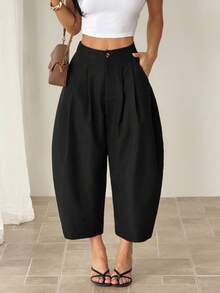 SHEIN PETITE Women's Solid Color Minimalist Casual Pants - Black - View 4