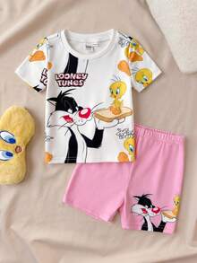 LOONEY TUNES X SHEIN 女嬰圓領短袖上衣與短褲貼身休閒家居服 - 粉色 - 查看 3