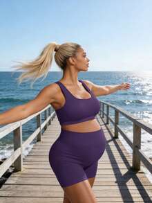 SHEIN Maternity Summer Solid Color Elastic Breathable Sports Bra And Shorts Set - Purple - View 4