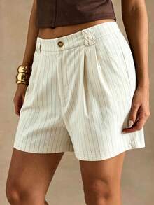 SHEIN Franclia Casual Versatile Commuting Everyday Decor Black And White Striped Vertical Striped Shorts/Wide Leg Pants/Bermuda Pants, Spring/Summer - Beige - View 6