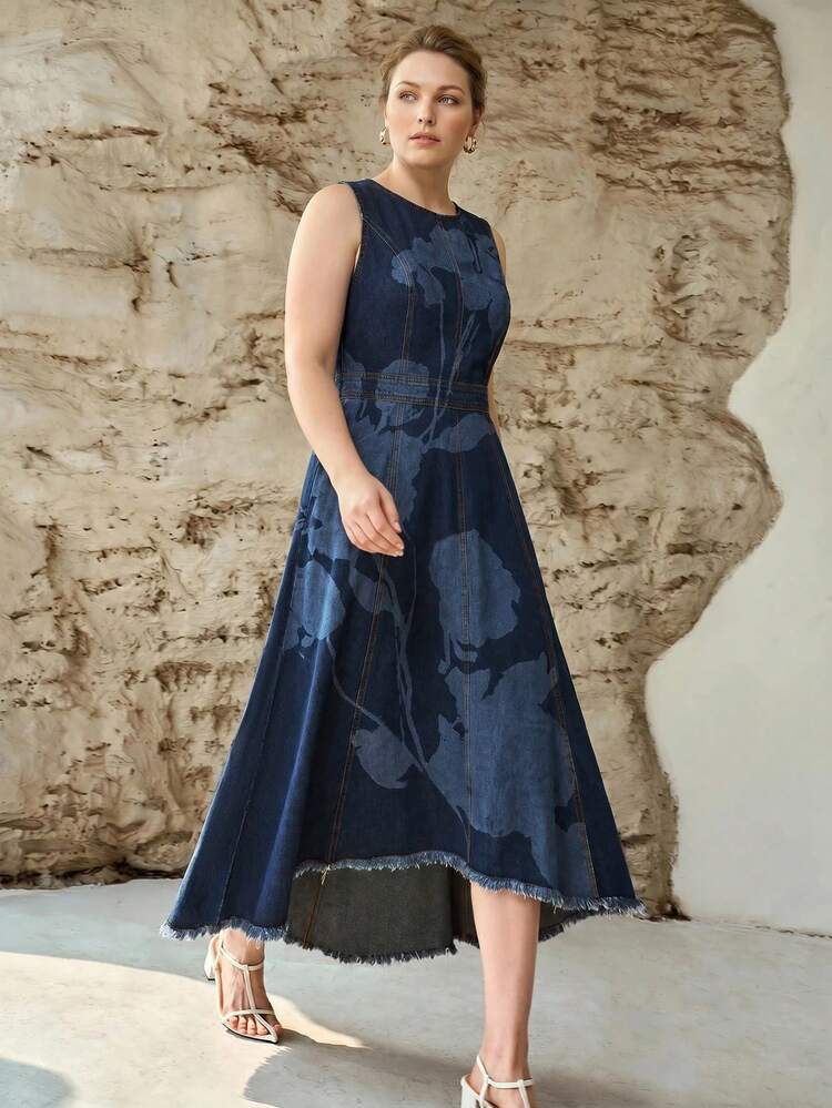 WOMEN'S PLUS SPRING SUMMER PRINTED ASYMMETRIC HEM DENIM DRESS