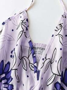 Lalippa Women's Spaghetti Strap Tie Backless Floral Print Ruched Elegant Waist Maxi Slip Dress For Party - Purple - View 3