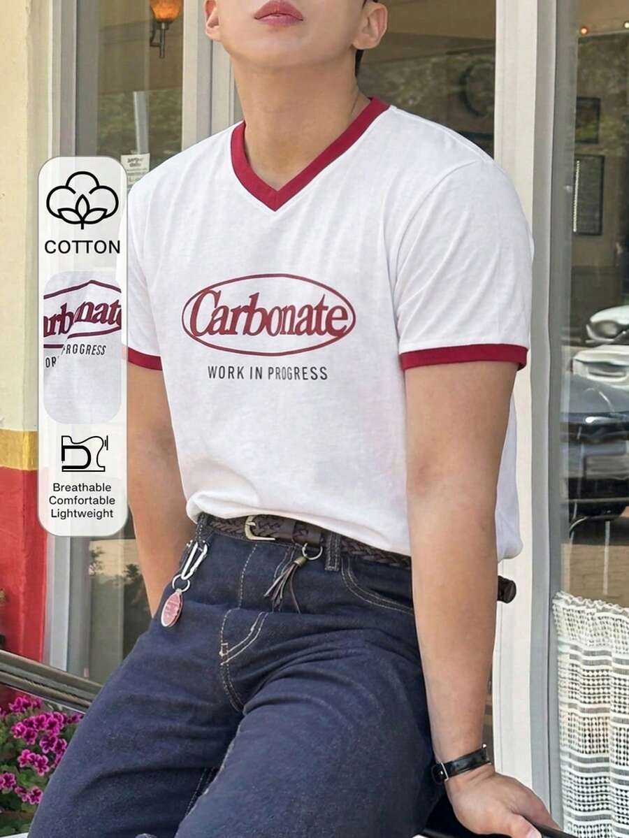 DAZY Summer Letter Print Color Block Short Sleeve Men's T-Shirt - Multicolor - View 1