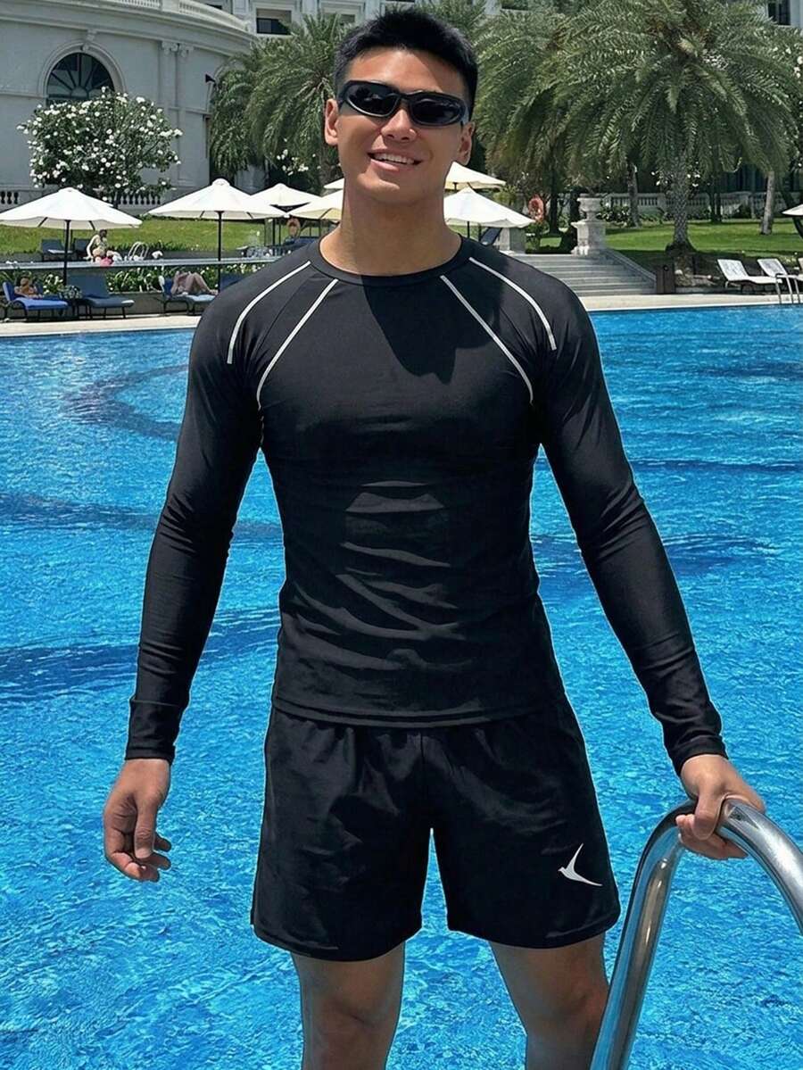 DAZY 男士夏季條紋印花拼色長袖圓領上衣與短褲沙灘套裝 度假風 - 黑色 - 查看 1