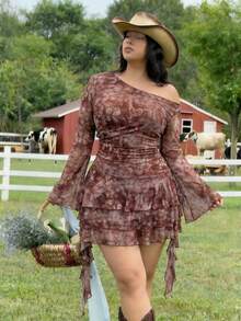 SHEIN MOD Plus Size Women's Floral Print Asymmetrical Shoulder Flare Sleeve Ruffle Hem Fashion Dress Fall - Brown - View 5