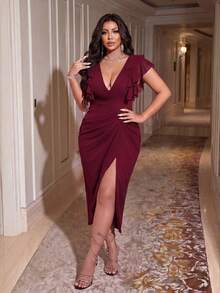 NU&NOW Gaun Pesta Musim Panas Elegan Burgundy untuk Wanita Ukuran Plus, Gaun Midi Ramping dengan Leher V, Lengan Berkerut, Tali Serut, dan Belahan Samping, Cocok untuk Acara Malam Hari - Burgundy - View 3