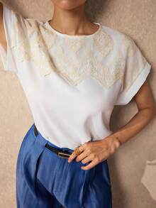 SHEIN Uhlyne Women's Contrast Lace Round Neck Batwing Sleeve Casual Elegant Blouse Office White Summer - White - View 2