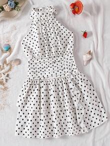 SHEIN 1 pieza Vestido ajustado con cintura ceñida, cuello halter, estampado de lunares y decoración de lazo desmontable, elegante y tejido, nuevo para niñas preadolescentes en verano, para salidas diarias, fiestas, banquetes y uso casual - Blanco - Ver 5