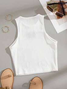 INAWLY Letter Graphic Ribbed Knit Tank Top Graphic Tees Women Tops - White - View 2