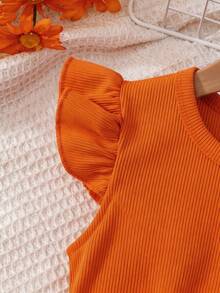 SHEIN 少女純色圓領短袖T恤與花卉印花短褲休閒兩件套 - 橘色 - 查看 4