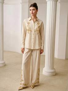 ZEYLAH Women's Floral Embroidery Pattern Casual Elegant French Versatile Daily Wear Shirt Teachers' Day Office Work Beige Spring - Apricot - View 5
