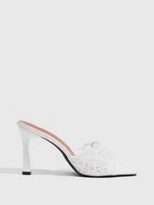CUCCOO SZL Sexy White Square Toe Stiletto High Heels Women's Outer Wear Backless Sandals Mesh Embroidery Open-Toe Drag Summer - White - View 2