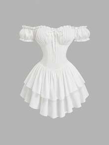 Sweetra Plus Size Women's Sweet Romantic Textured Ruched Double Layer Asymmetrical Ruffle Hem Petal Sleeve Off-Shoulder Dress Elegant Exquisite Date Wedding - White - View 1