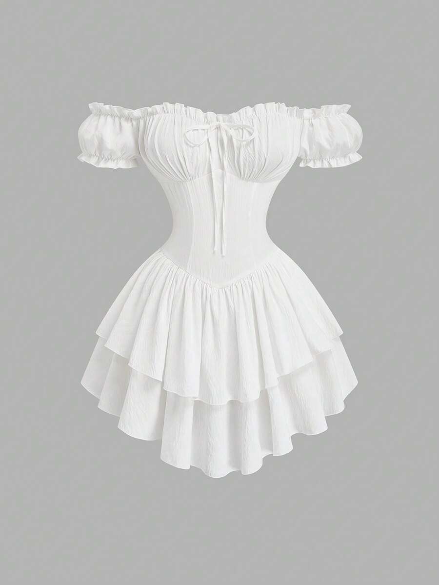 Sweetra Plus Size Women's Sweet Romantic Textured Ruched Double Layer Asymmetrical Ruffle Hem Petal Sleeve Off-Shoulder Dress Elegant Exquisite Date Wedding - White - View 1