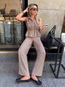 Siren Gaze Linen-Feel White And Brown Polka Dot Two-Piece Set: Sleeveless Ruched Shirt With Collar + High-Waisted Wide-Leg Pants, A Slimming Casual Vacation Set - Brown - View 5