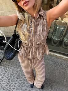 Siren Gaze Linen-Feel White And Brown Polka Dot Two-Piece Set: Sleeveless Ruched Shirt With Collar + High-Waisted Wide-Leg Pants, A Slimming Casual Vacation Set - Brown - View 1