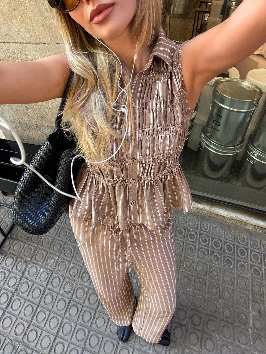 Siren Gaze Linen-Feel White And Brown Polka Dot Two-Piece Set: Sleeveless Ruched Shirt With Collar + High-Waisted Wide-Leg Pants, A Slimming Casual Vacation Set - Brown - View 1