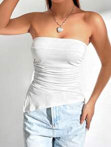 Tseoso Women's Solid Color Pleated Split Design Casual Versatile Daily Outing Tube Top - White - View 6
