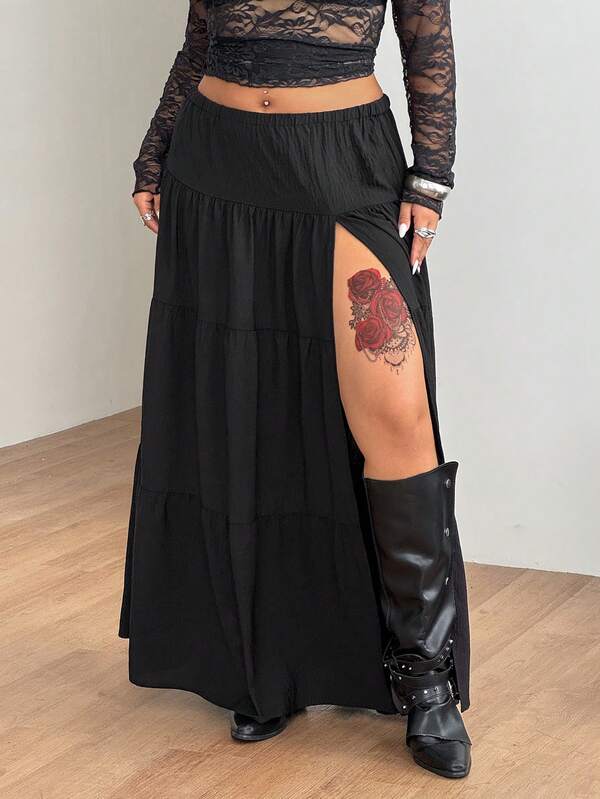 Coolane Women's Plus Size Summer Going Out Vacation Holiday Casual Beach Outfit Vintage Boho Chic Texture Fabric Black Side Slit Long Skirt