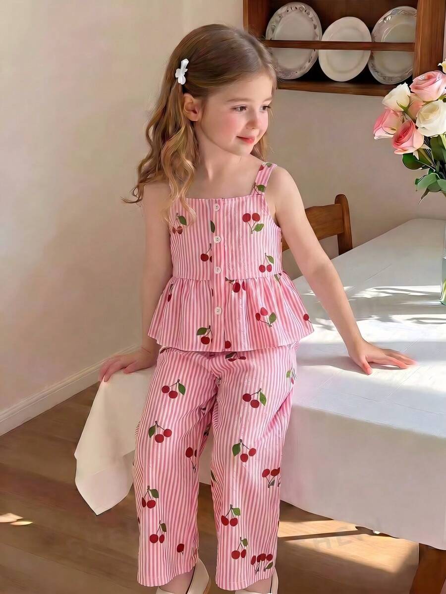 SHEIN Genkimix Kids 春/夏 2件組女童幼兒服裝套裝，粉色白色條紋櫻桃印花細肩帶上衣 + 寬腿長褲，方領夏季設計