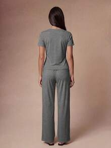 Lazeform Women's Solid Color Lace Patchwork V-Neck Short Sleeve Long Pants Pajama Set - Grey - View 2