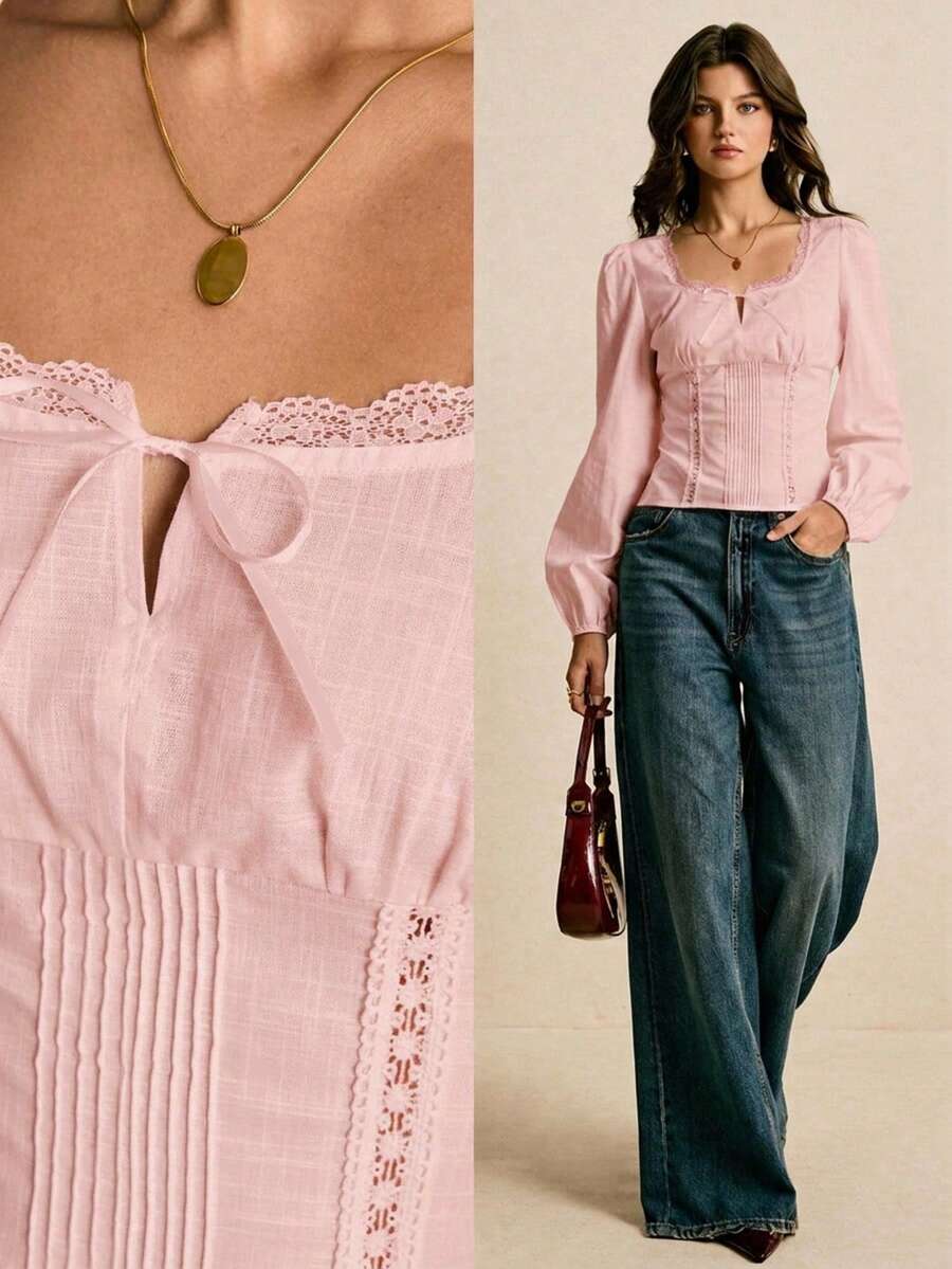 Poéselle 女款素色對比蕾絲長袖優雅襯衫 - 淺粉色 - 查看 1