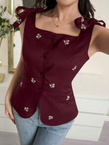 Modelyn 女款花卉刺繡單排扣肩結無袖襯衫 - 酒紅色 - 查看 4