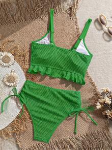 Swim Vcay Women's Solid Color Textured Fabric Sweet Ruffle Drawstring Pleated High Waist Tank Top Bikini - Green - View 2