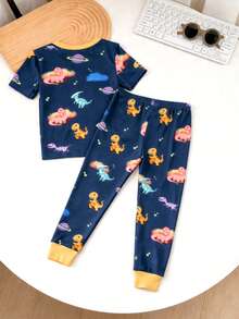 1 Set Boys Dinosaur And Planet Print Fitted Crew Neck Short Sleeve Pajama Set, Including Top And Pants, Spring/Autumn Style - Navy Blue - View 2