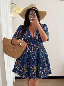 Vionelle Plus Size Women's Vacation Chiffon Printed Ruffle Sleeve Lettuce Edge Dress - Navy Blue - View 4