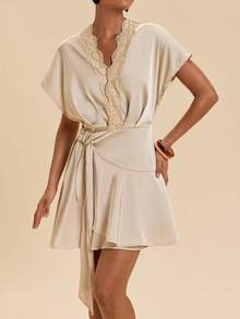 Travachic Women's Lace Patchwork Pleated Casual Romantic Elegant Date Brunch Party Mini Dress Champagne Summer - Coffee Brown - View 8