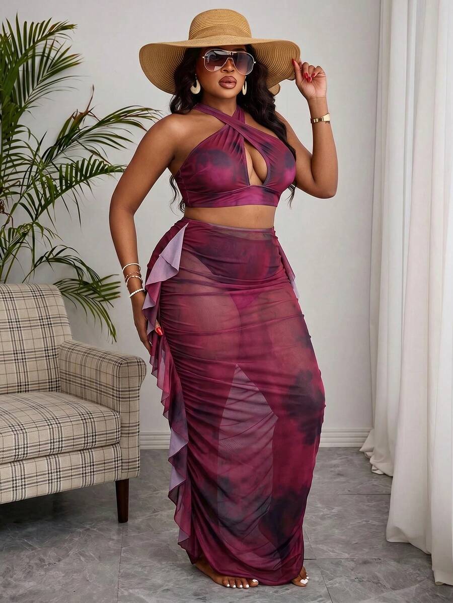 Slaydiva Plus Size Tie-Dye Print Bikini Set - Hot Pink - View 1