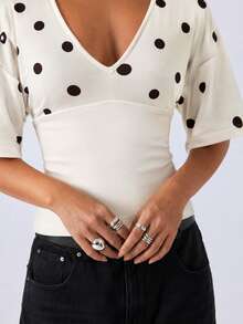 LYSMO Women's Summer Casual Polka Dot Print Patchwork Waist-Defining T-Shirt - Pale Yellow - View 3