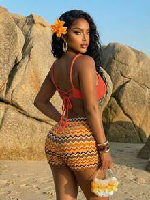 Slaydiva Bikini Top Cup-Shaped Burnt Orange Brown Striped Twisted Shoulder Straps Shell Woven Belts Beach Vacation Holiday Wear Two Pieces Set Summer Sexy - Orange - View 4