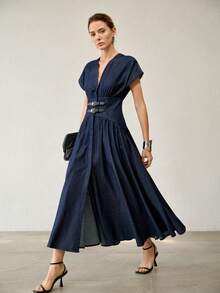 MOTF PREMIUM WOMEN'S BUCKLE DETAIL WAIST-CINCHING DENIM DRESS - Navy Blue - View 3