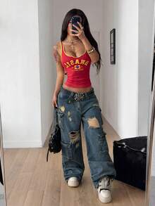 Coolane 女款夏季休閒度假日常通勤字母印花對比滾邊修身短版背心上衣 - 紅色 - 查看 2