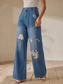Anewsta Celana Jeans Denim Biru Muda Wanita Musim Semi, Bordir Bunga Baru, Denim Cuci, Serbaguna, Kasual, untuk Perjalanan, Potongan Lurus - Medium Wash - View 4