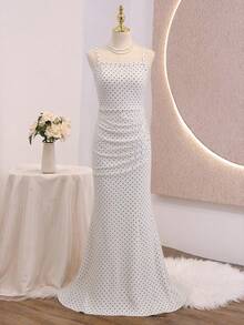 SHEIN Tween Girls Elegant Back To School White Contrast Mesh Square Neck Strap Hi Waist Fishtail Maxi - White - View 3