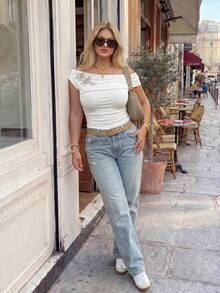 Easura Plus Size Women Elegant Asymmetric Freeform Off-Shoulder Sequin Embroidered Sleeveless Top, Spring/Summer Gym Brown - White - View 4