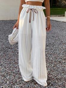 Livesso Women's Autumn Lace-Up Tie-Up Lace Patchwork Loose Casual Southern Street Wedding Beach Vacation Striped Straight Leg Casual Long Pants White And Gold - Beige - View 2