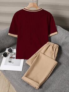 SHEIN 2件組青少年男孩紳士短袖POLO衫+長褲套裝，優雅正式服裝，適用於生日派對、晚會、表演、婚禮、滿月、洗禮、1歲生日、生日、婚禮、畢業典禮、婚禮賓客、花童、戒童 - 酒紅色 - 查看 2