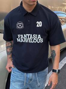 DAZY 男士字母印花鈕扣半開襟海軍藍 Polo 衫圖案 T 恤 夏季 - 藏蓝色 - 查看 1