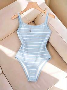 SHEIN LUNE 女款夏季休閒保守藍白條紋連身衣－修身細肩帶連身衣，適合日常穿著、通勤與海灘度假 - 淺藍色 - 查看 3